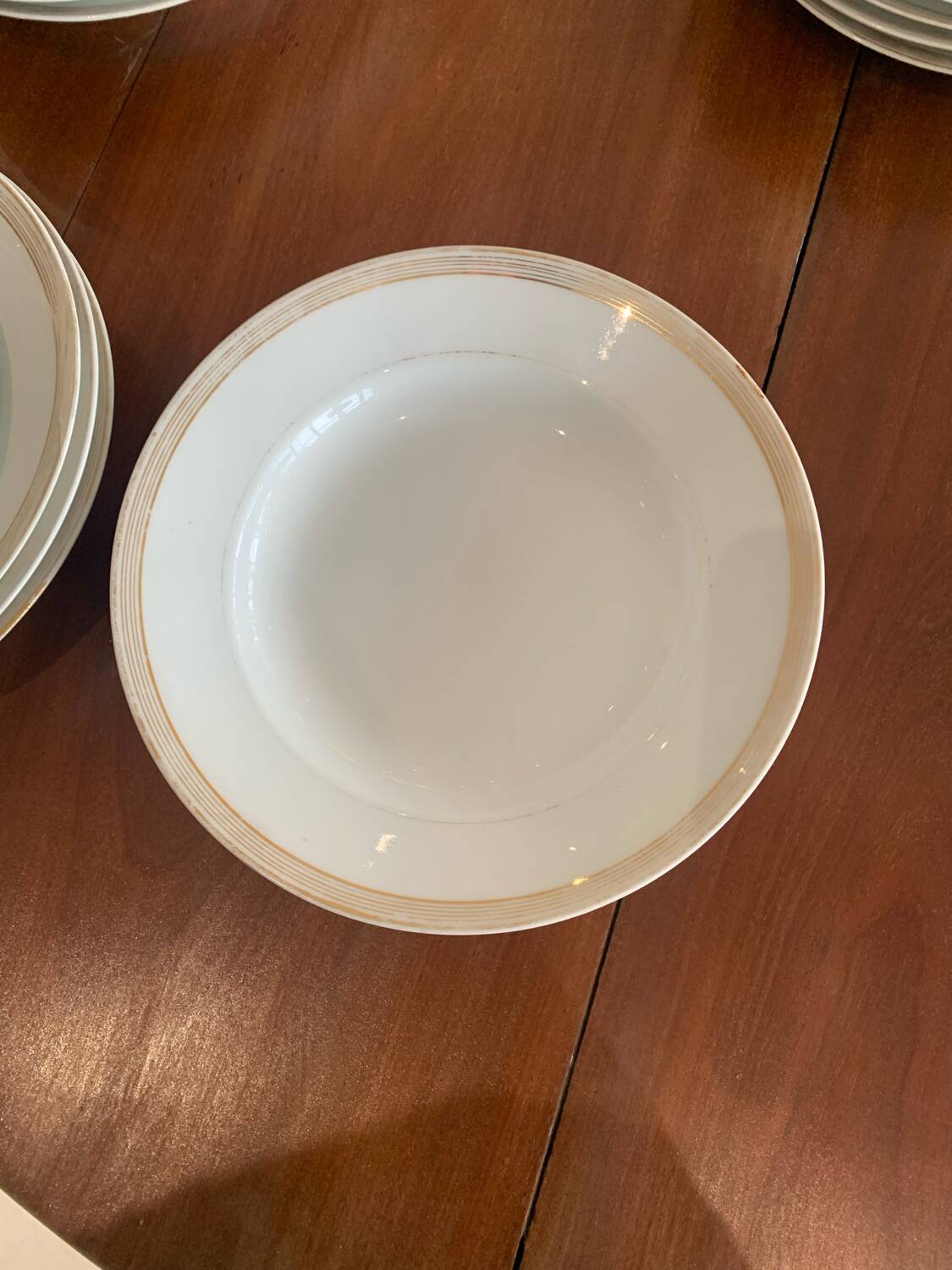 Lot of six soup plates, old, crockery, white, gilded