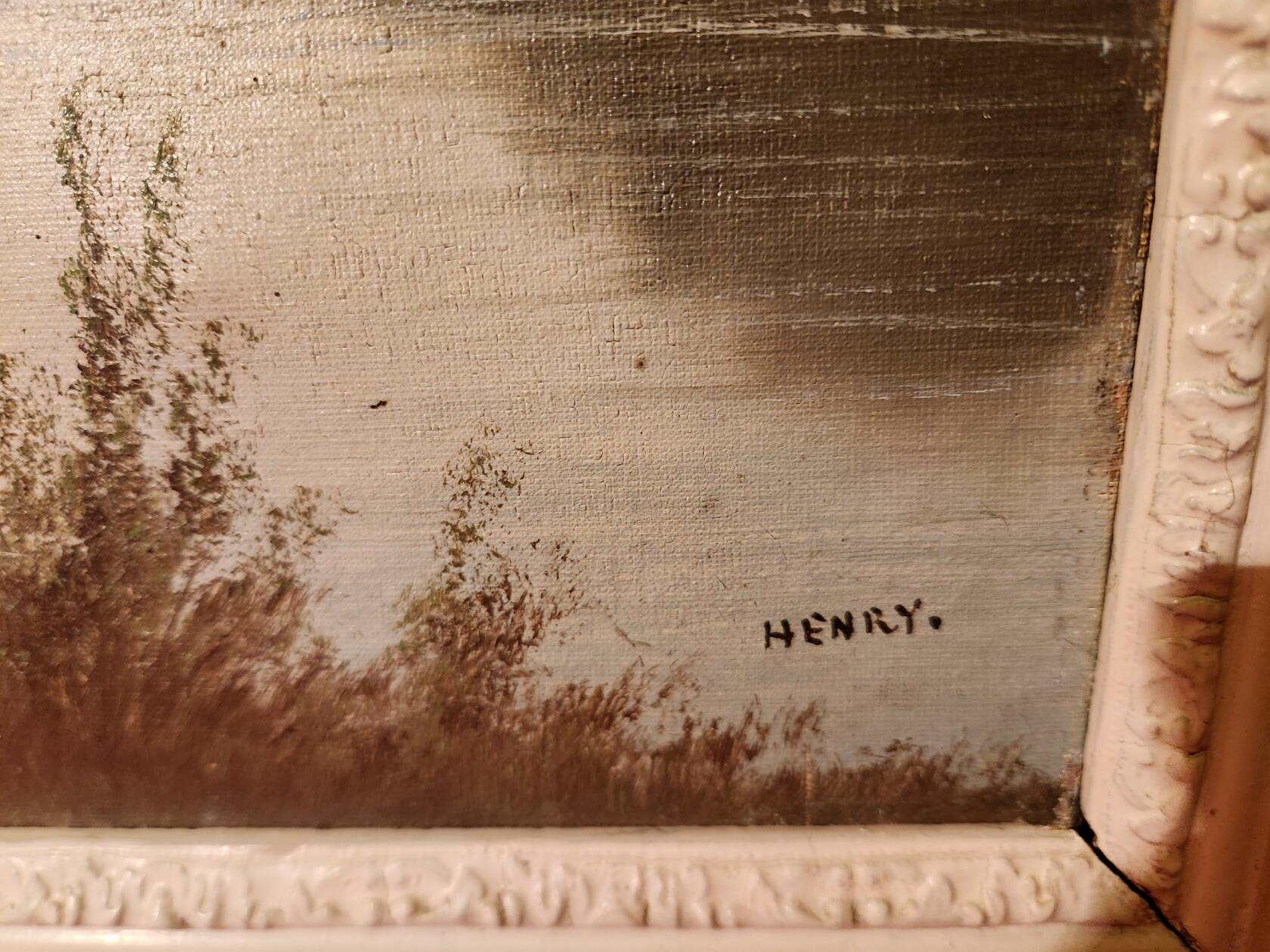 Old painting Oil on canvas Animated lake landscape signed Henry