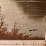 Old painting Oil on canvas Animated lake landscape signed Henry