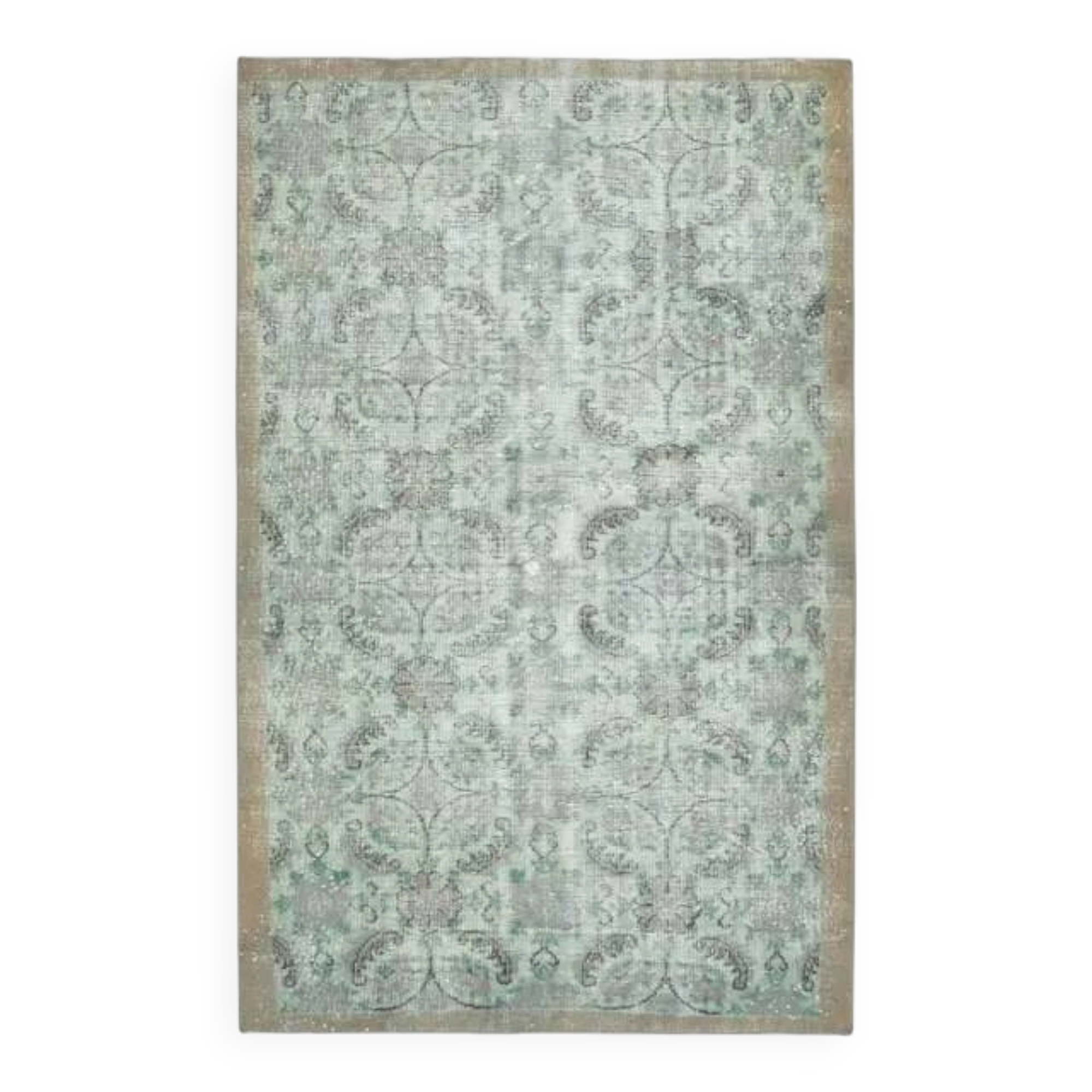 1970s vintage Turkish hand-knotted wool cotton green area rug 196x224