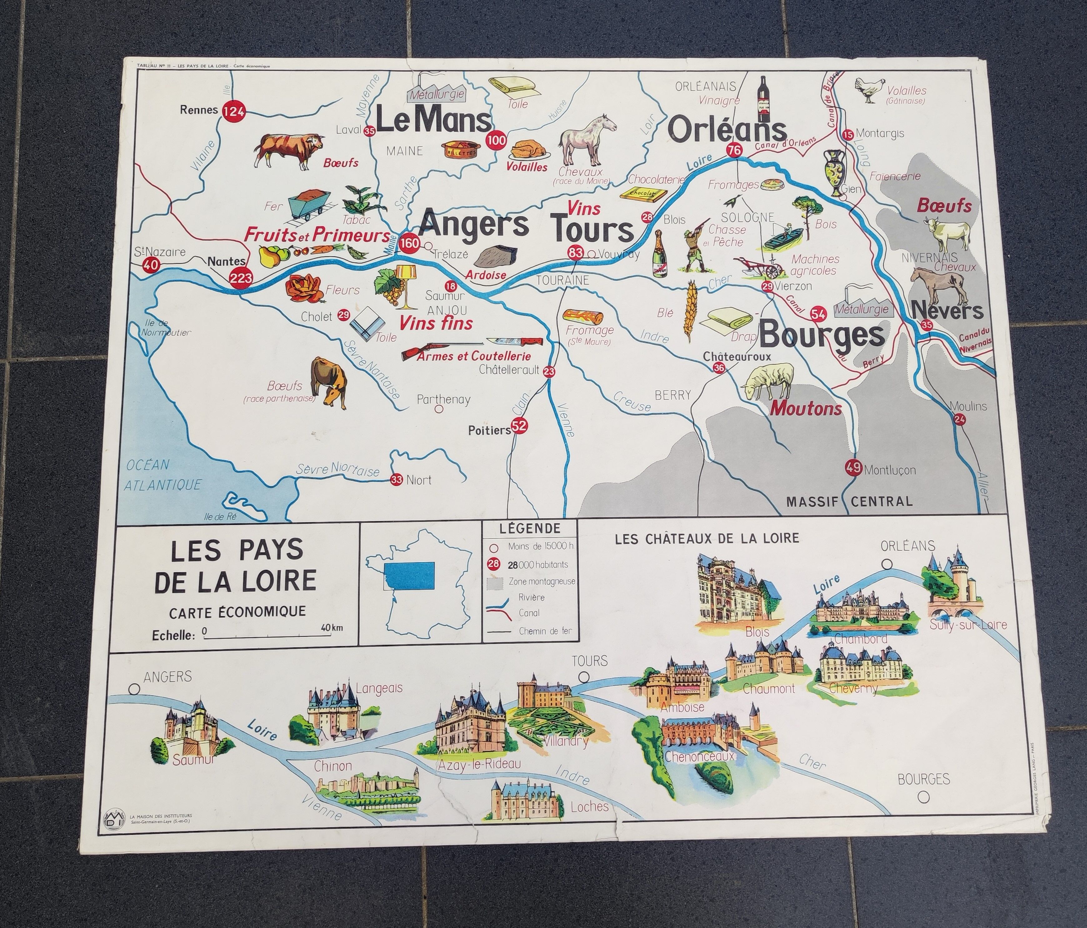 Poster school map Brittany & Vendée Region Pays de la Loire / Economic