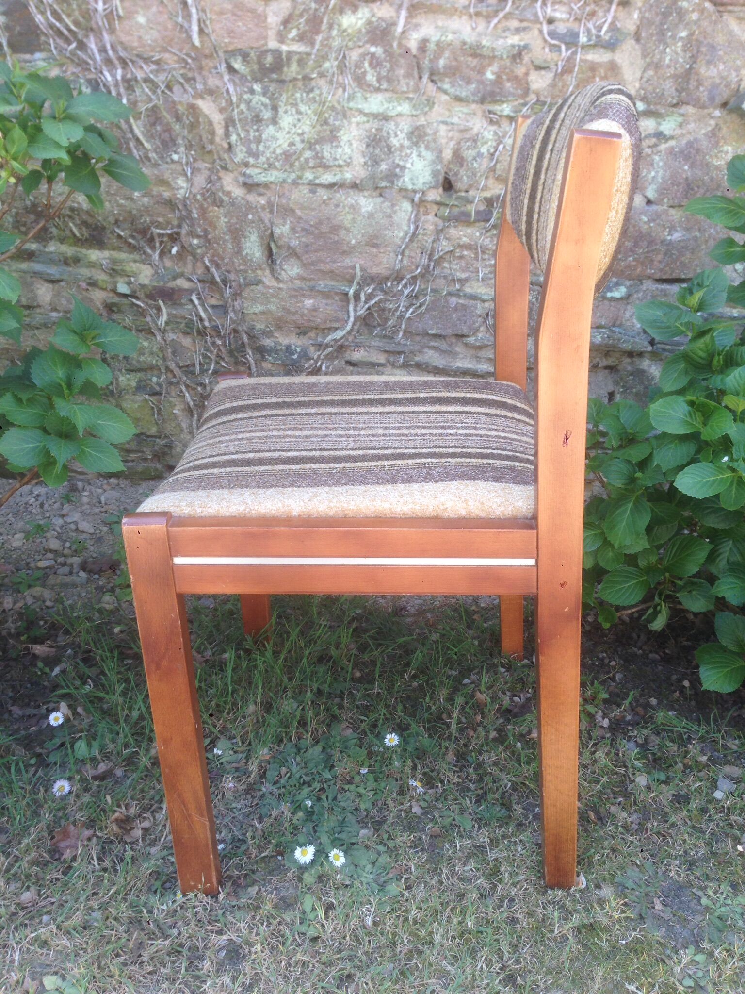 Vintage Scandinavian chairs in fabric and wooden footing.