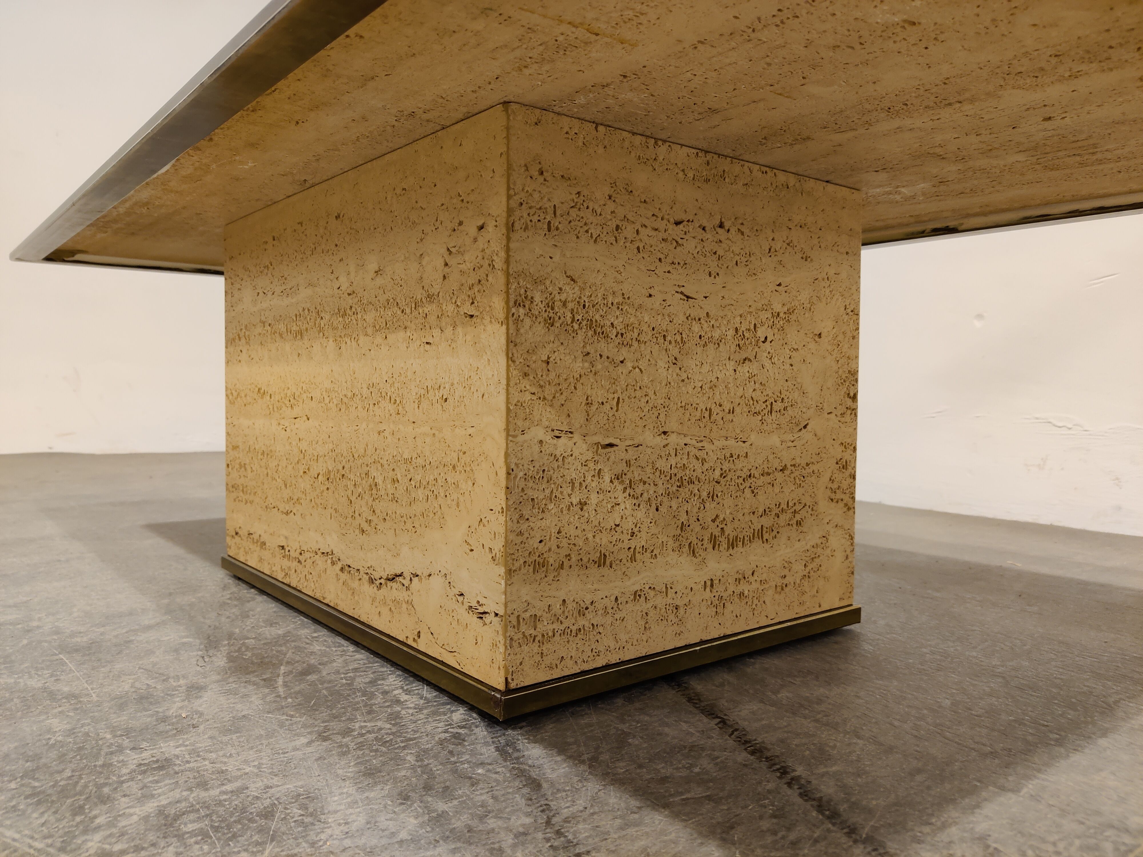 Vintage travertine and brass coffee table by Fedam, 1970s