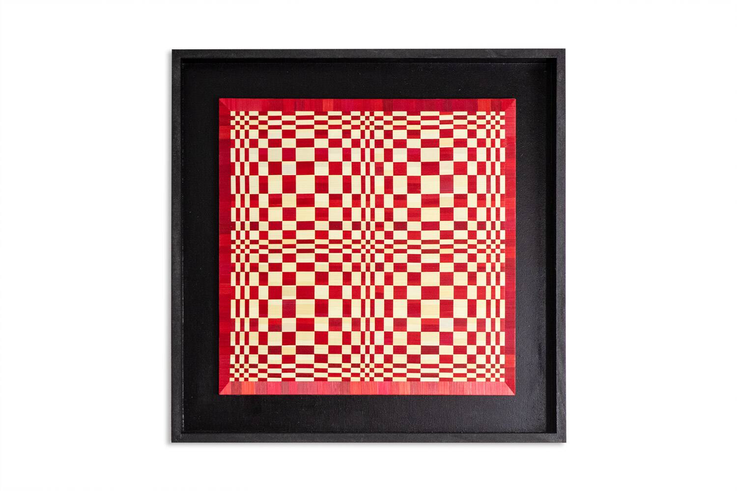 Pair of panels in red and gold straw marquetry. Contemporary.