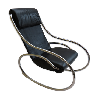 1970s Chrome and Black Leather Sculptural Rocking Chair by Heals