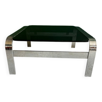 Table basse vintage en verre fumé et métal chromé – Design italien des anné