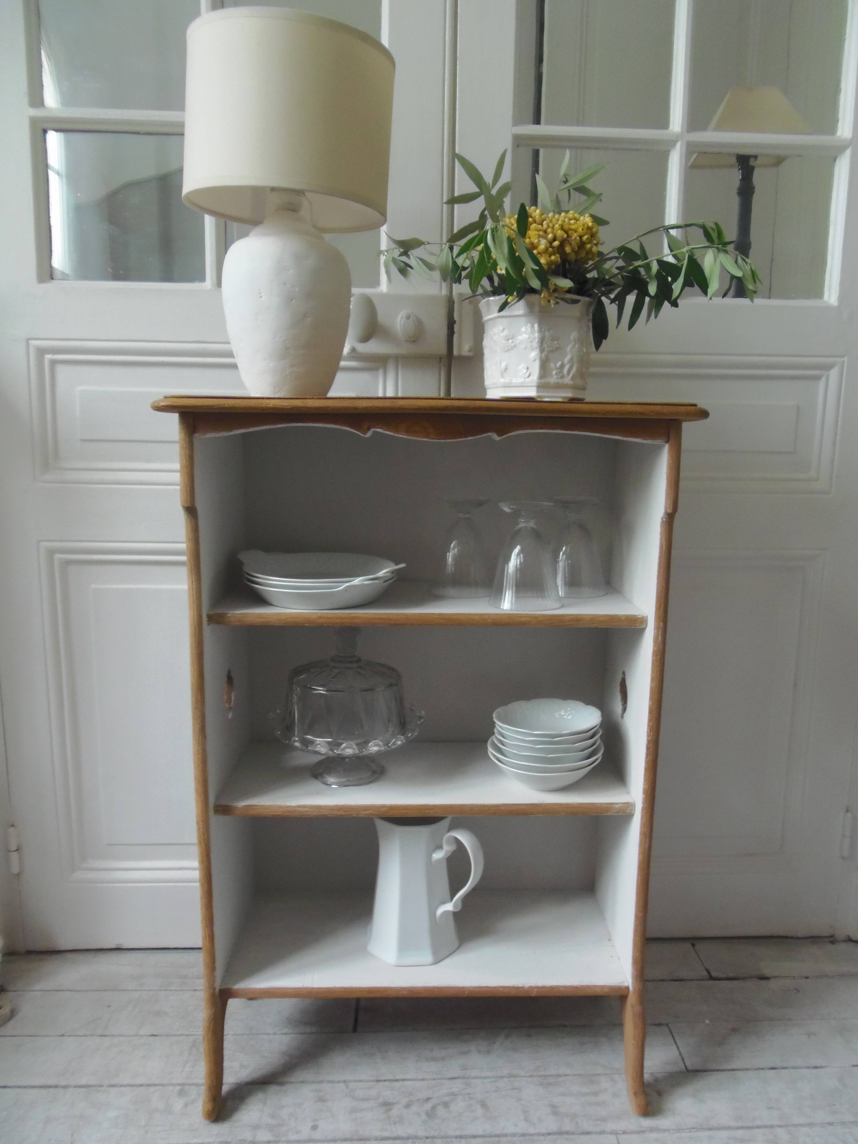 Vintage low depth bookcase in pearl grey interior oak with waxed finish.