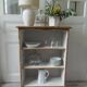 Vintage low depth bookcase in pearl grey interior oak with waxed finish.