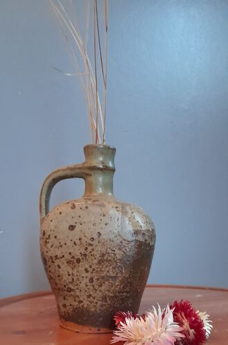 Pichet cruche en grès pyrité brun brut et épuré mid century