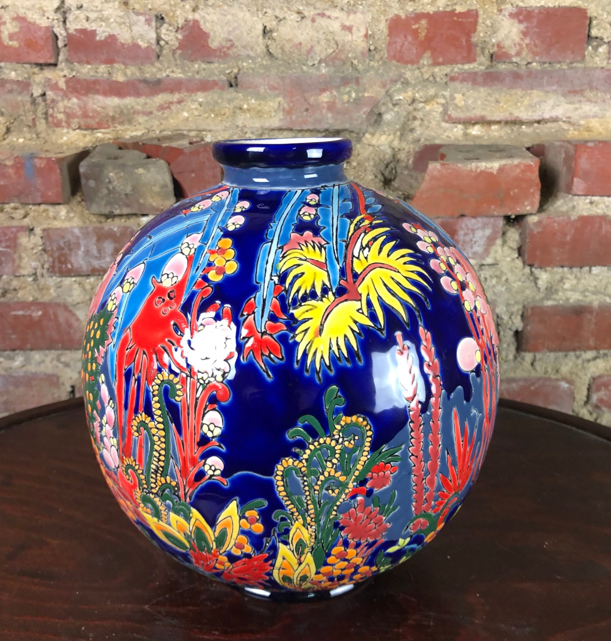 Art Deco style ball vase in glazed earthenware Jungle decoration Diameter 25 cm