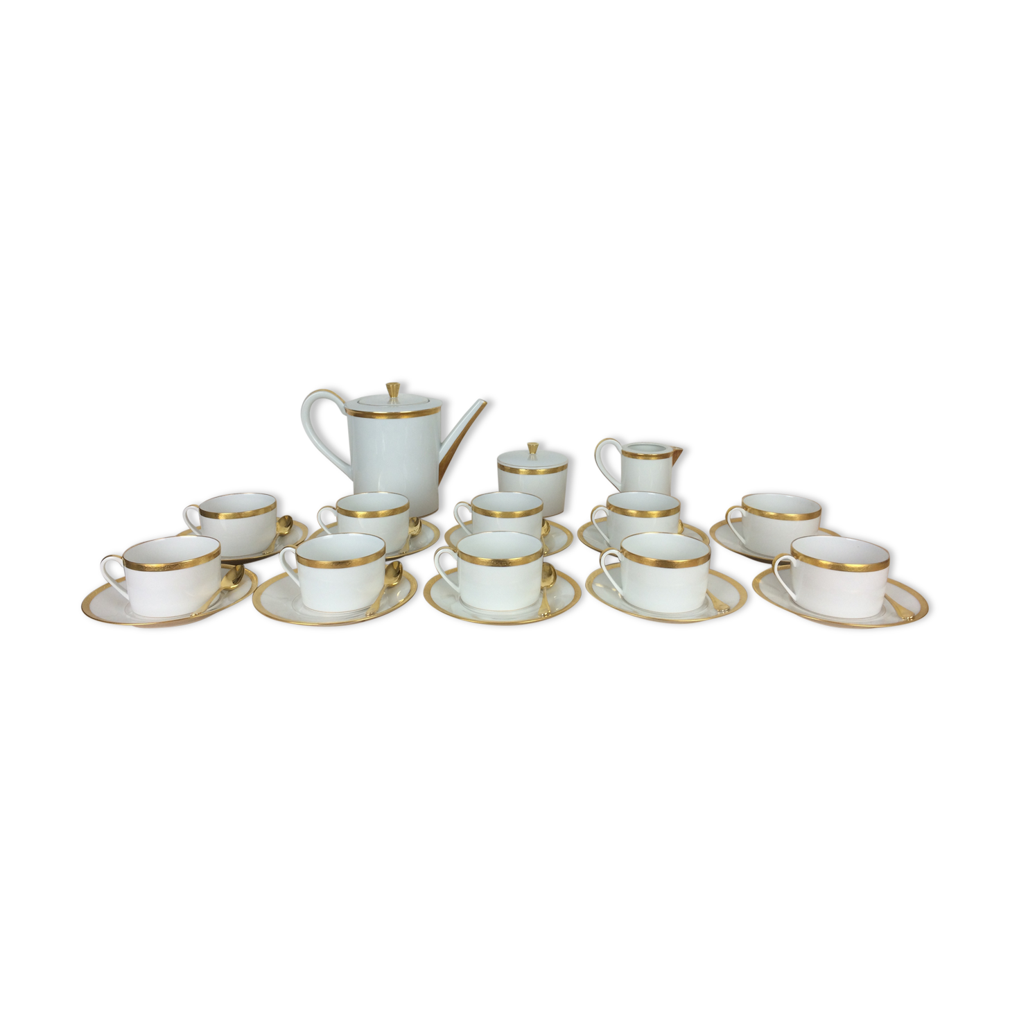 Porcelain tea set A. Vignaud Limoges and mocha spoons Christofle Alfénide