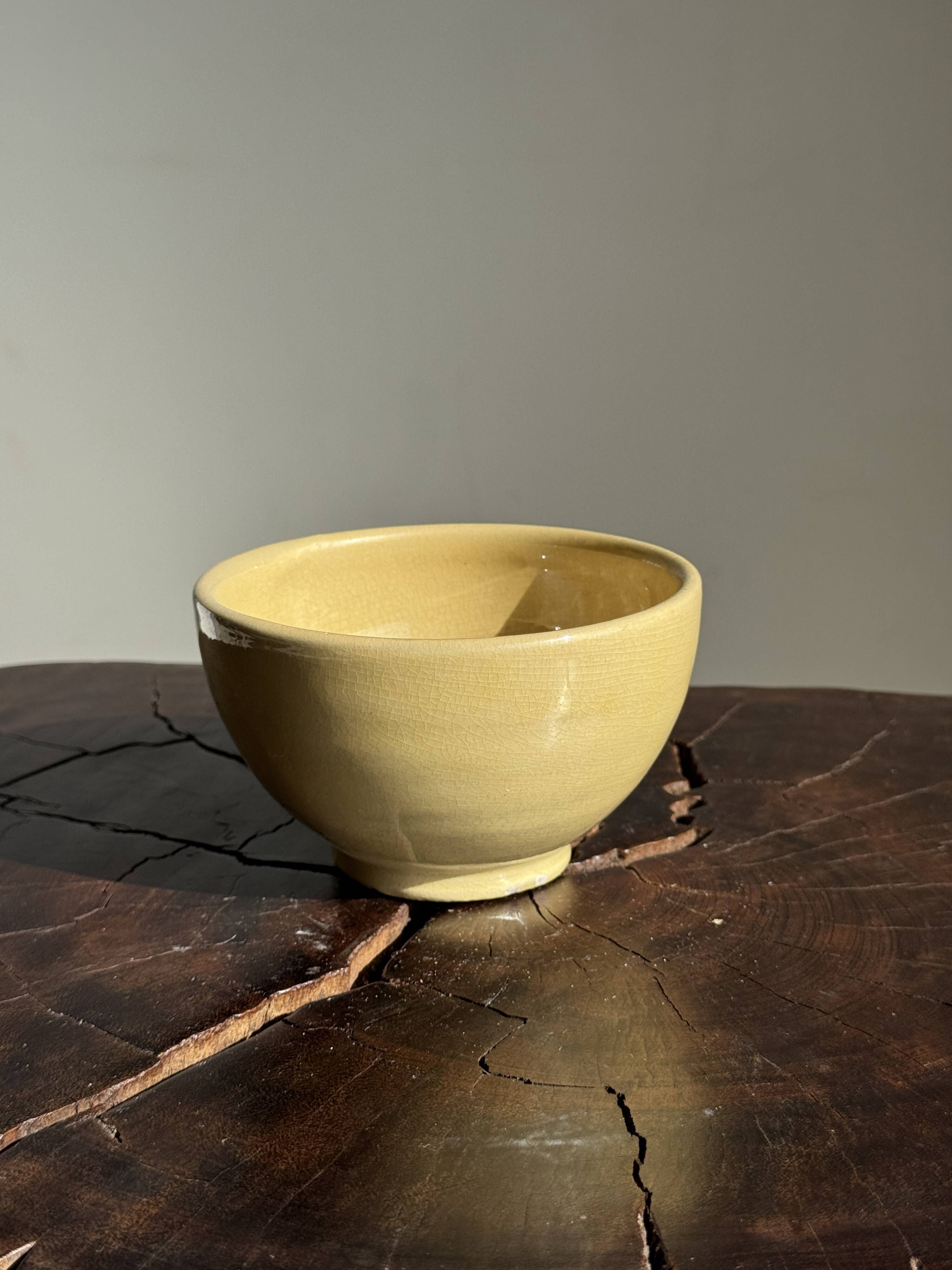 Small vintage yellow terracotta bowl with a handmade pedestal H8 D12
