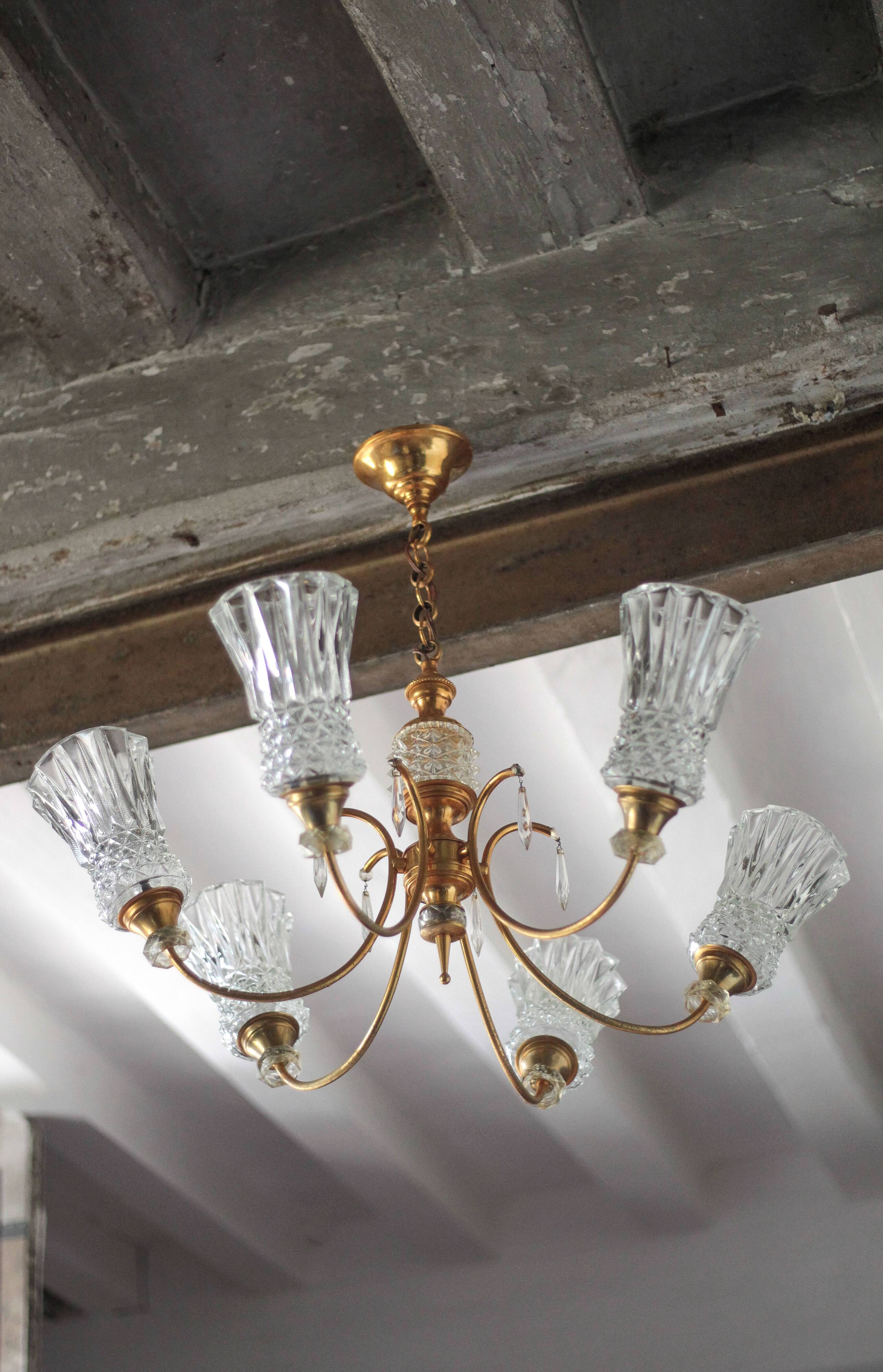 Vintage pendant light, brass pendant light with glass globe, 6-light chandelier