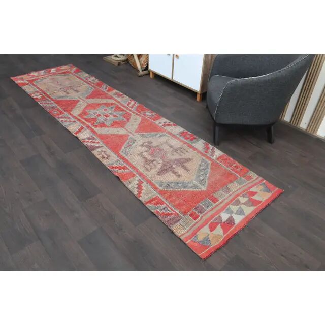 1970s Turkish Oushak Handmade Wool Cotton Red Runner Rug 86x344