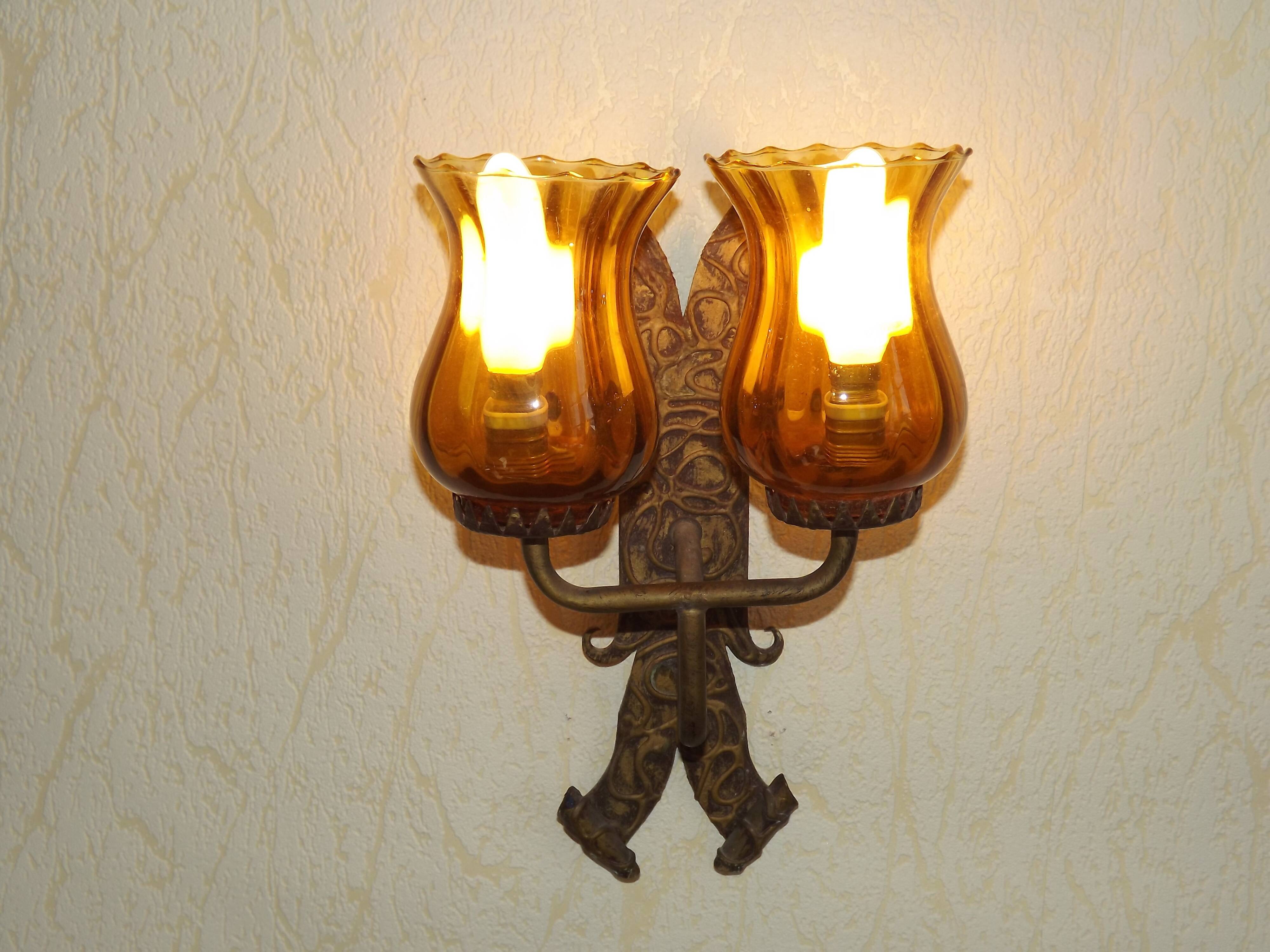 Double Hand Forged Wrought Iron Medieval Style Wall Light with Amber Glass Shade