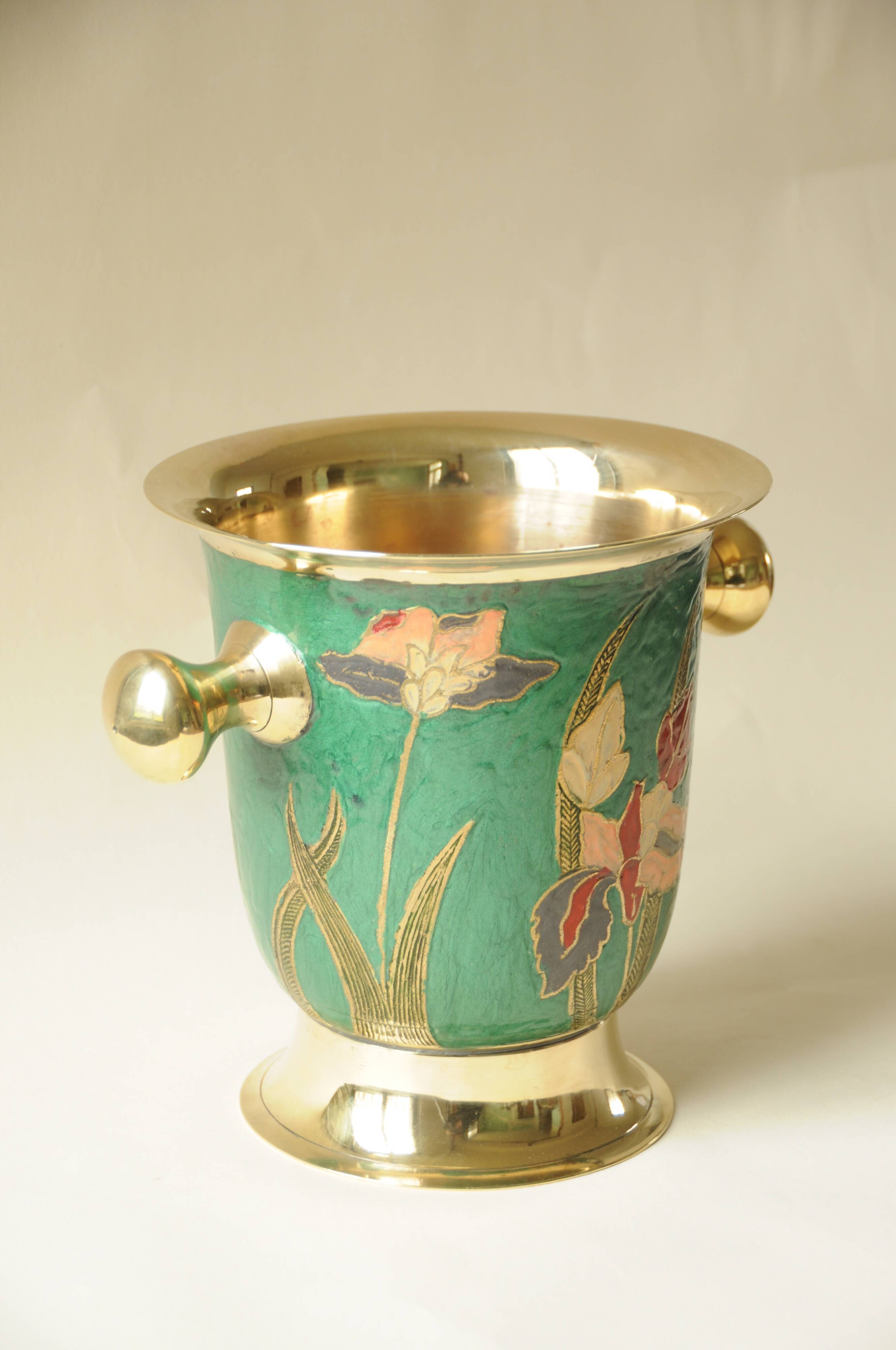 Champagne Bucket / Vintage Ice Bucket in Enamelled Brass with Flower Design