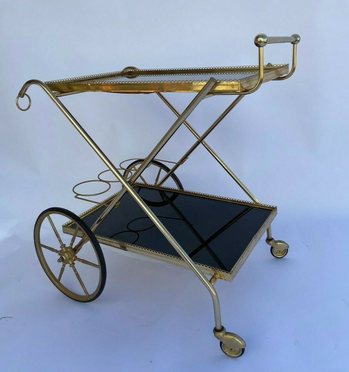Vintage 1960's bar rolling table smoked glass gilded metal