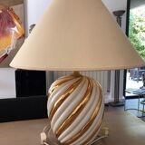 Pair of lamps of the brand Koska in white and twisted gold, with lampshade