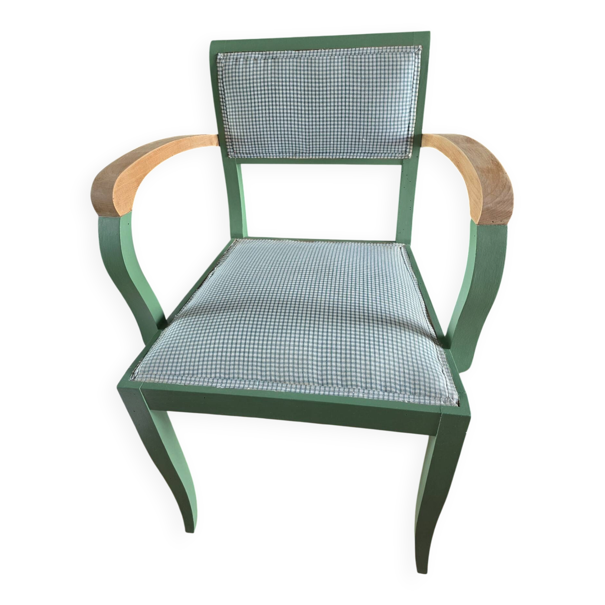 Vintage green bridge armchair with Vichy fabric
