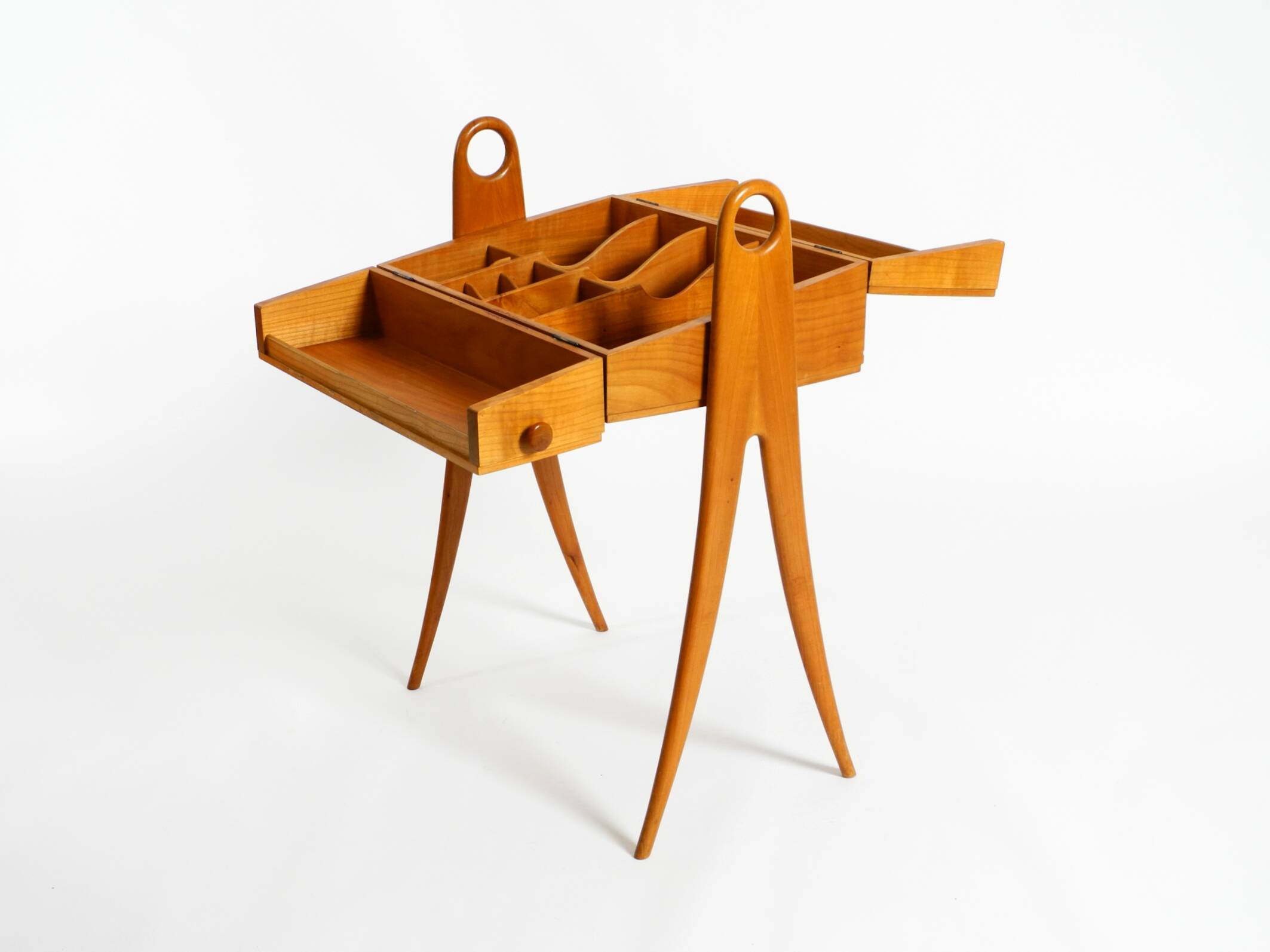 1950s ash wood sewing box, with a hinged top, multiple compartments