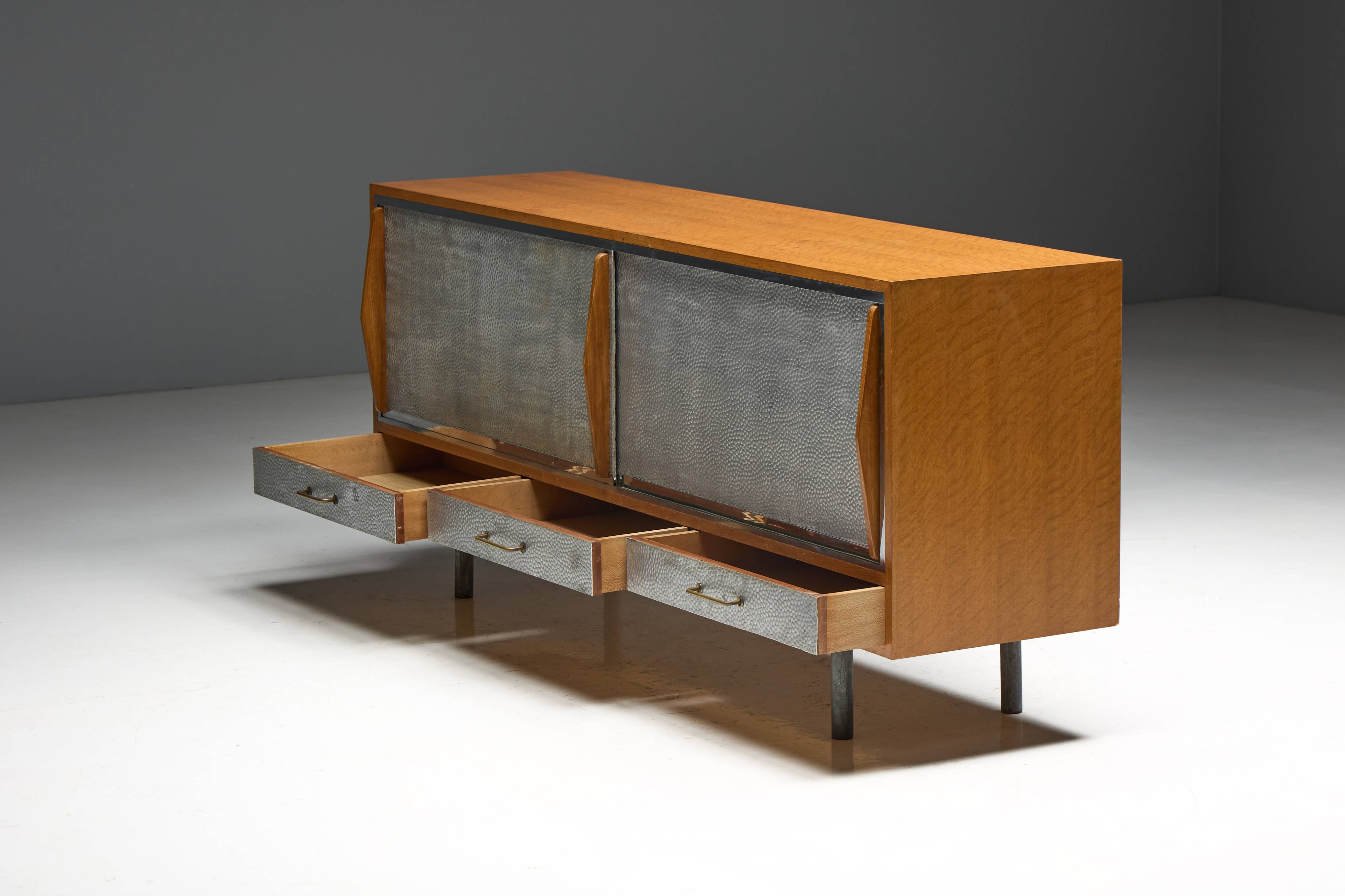 Mid-Century Modern Sideboard with Hammered Metal Façade, France, 1960s
