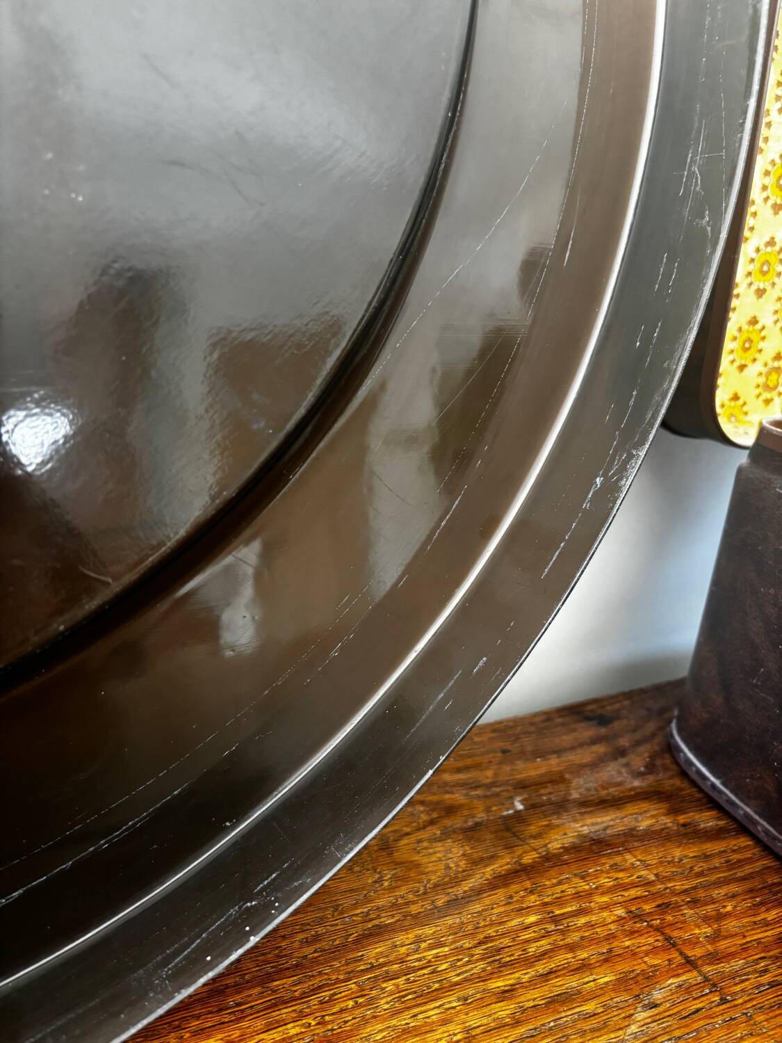 Vintage round mirror from the 70s, smoked brown plastic