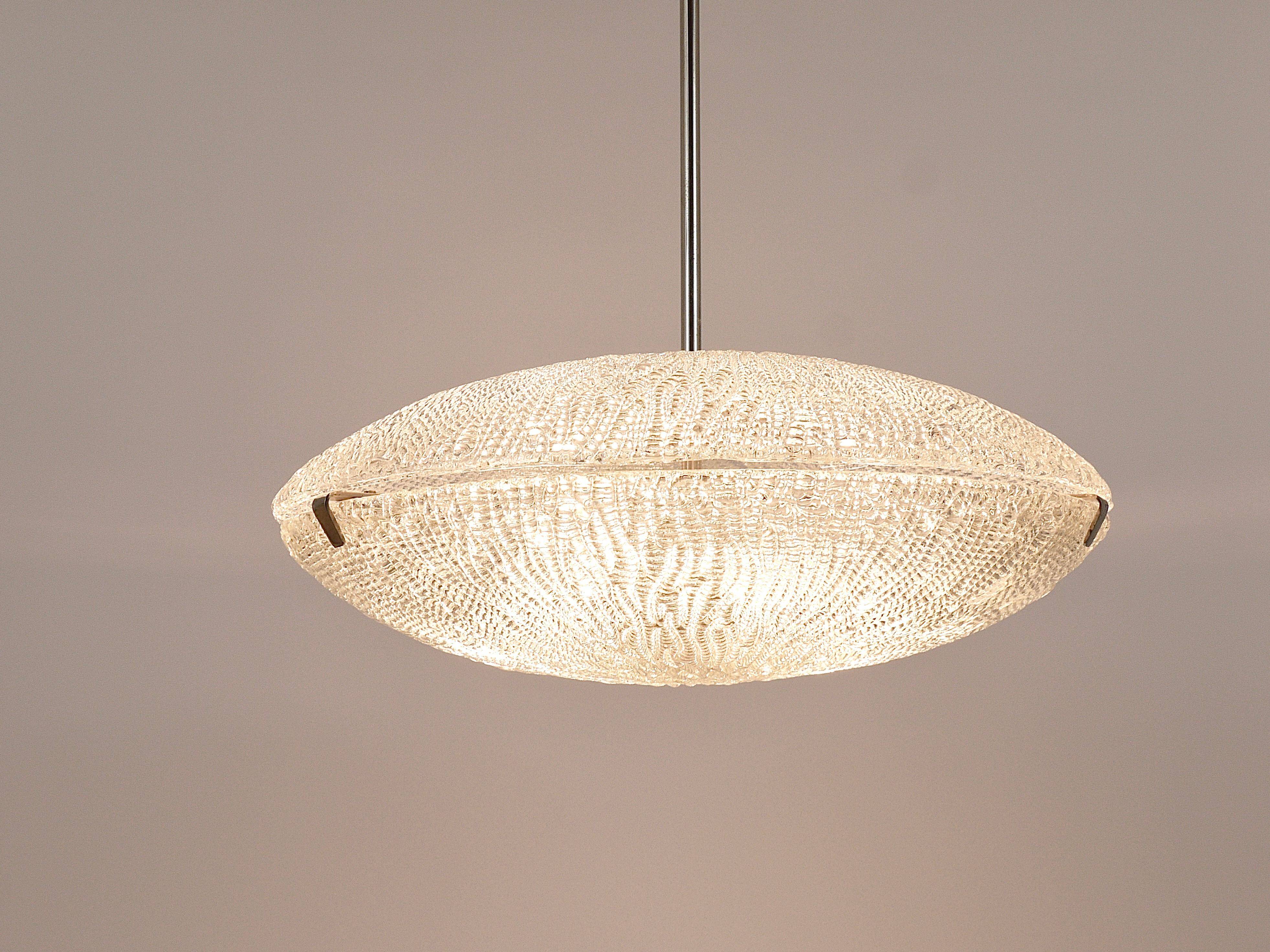 Mid-century Textured Glass and Nickel Kalmar Discus Chandelier, Austria, 1950s