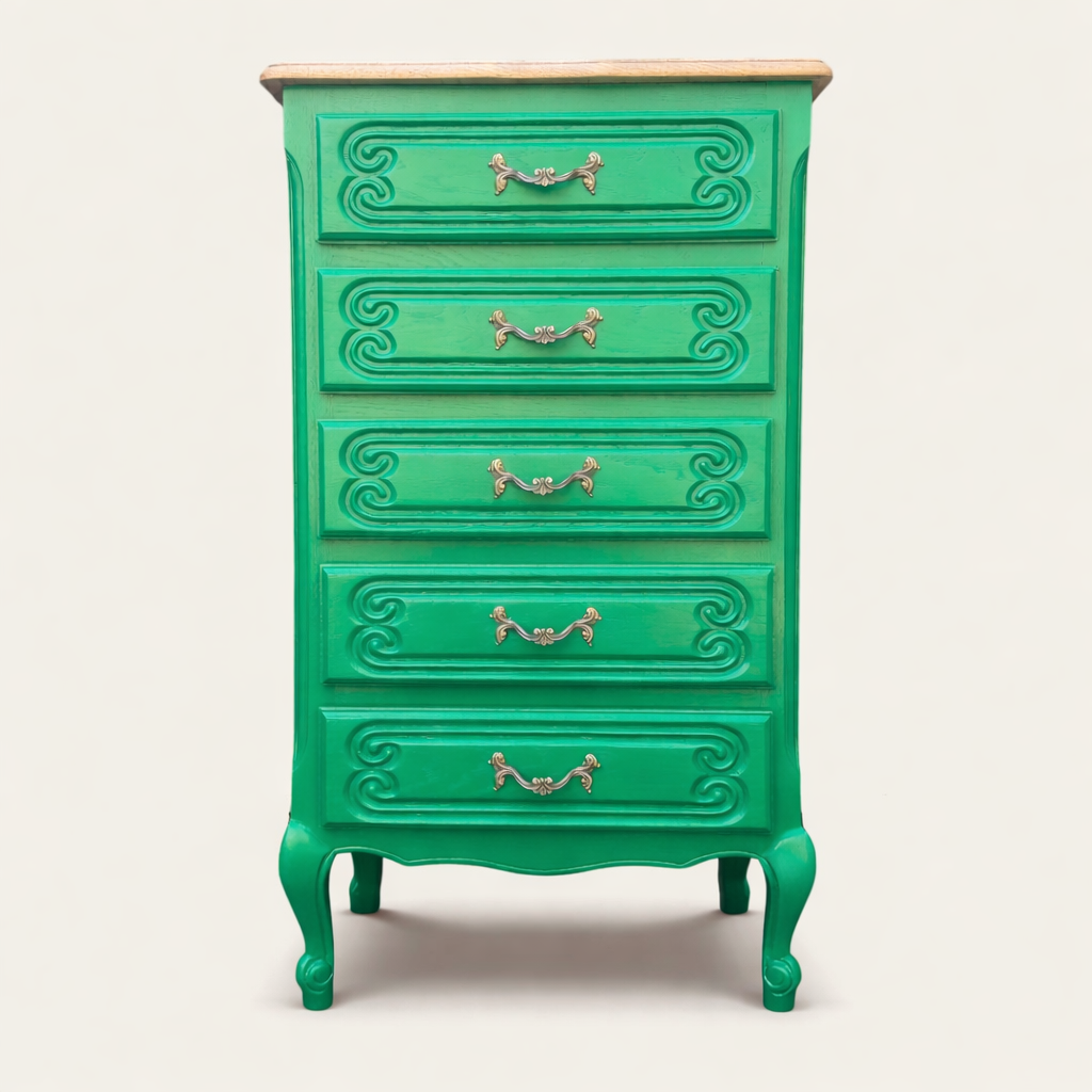 Vintage green oak chest of drawers from the 1960s.