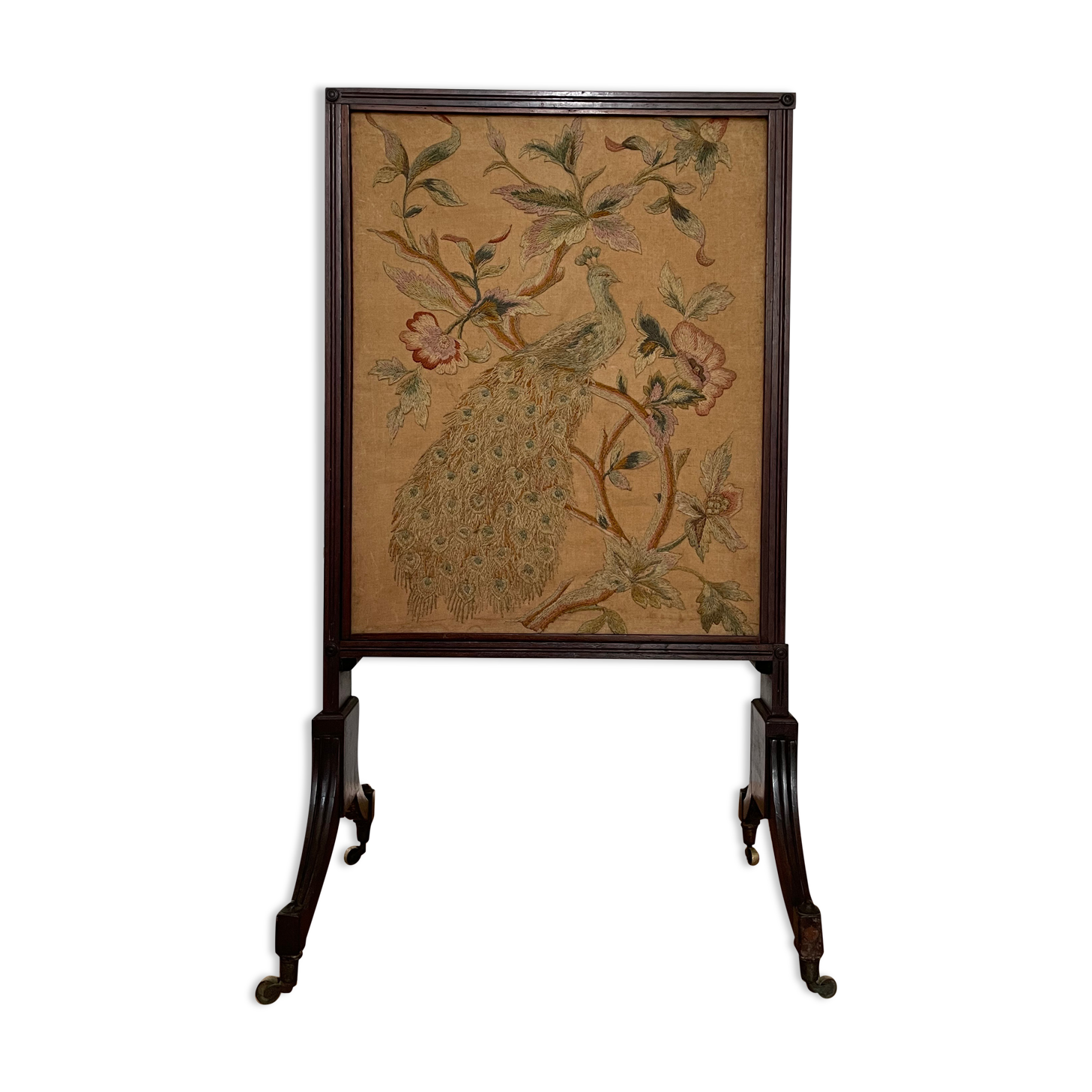 Antique fireplace screen in tapestry and mahogany