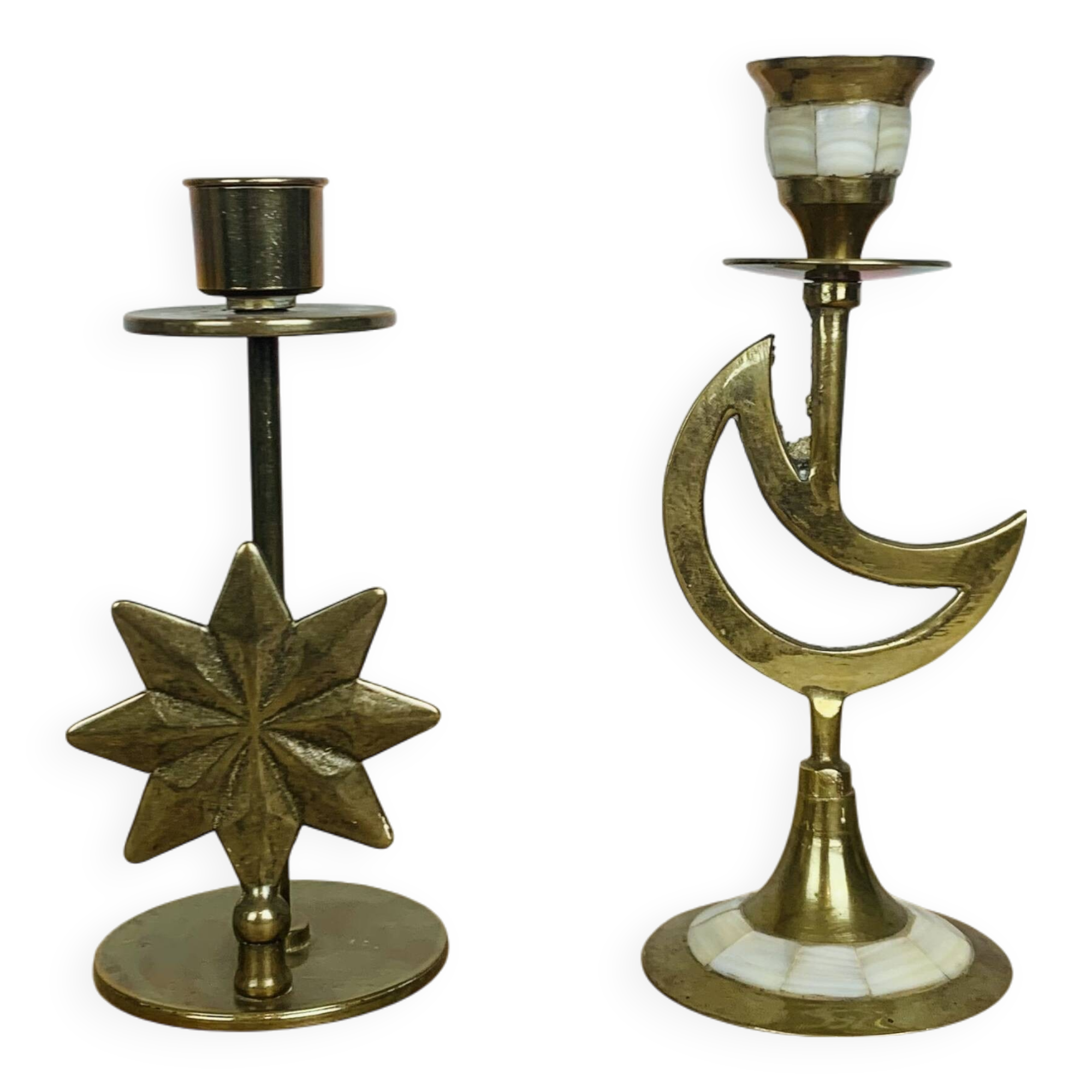 Pair of mother-of-pearl brass candlesticks with moon and sun