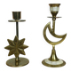 Pair of mother-of-pearl brass candlesticks with moon and sun