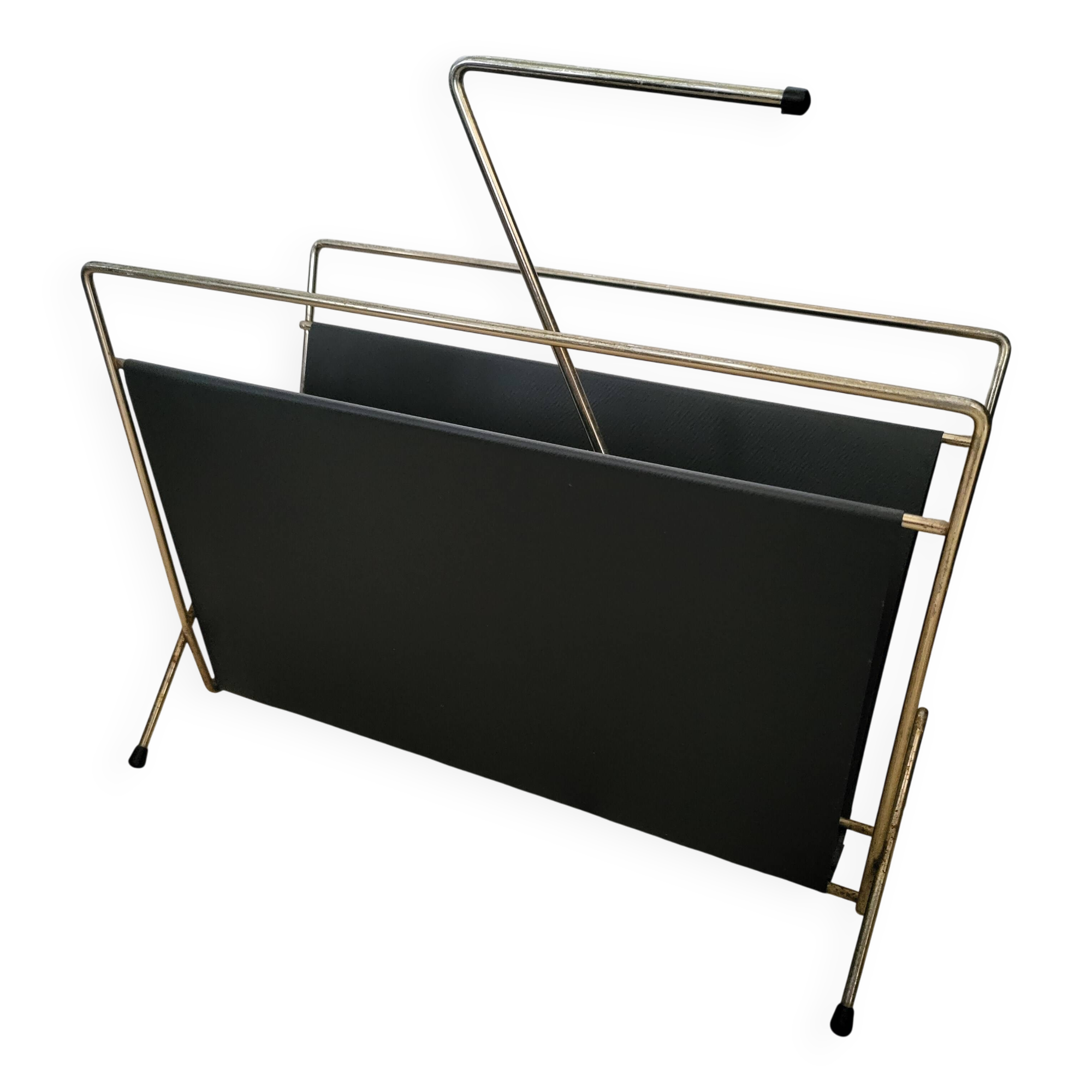 Vintage metal magazine rack in gold and black vinyl Newspaper holder