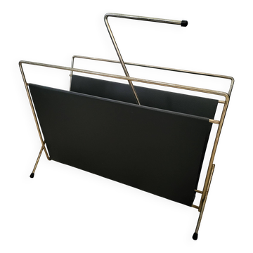 Vintage metal magazine rack in gold and black vinyl Newspaper holder
