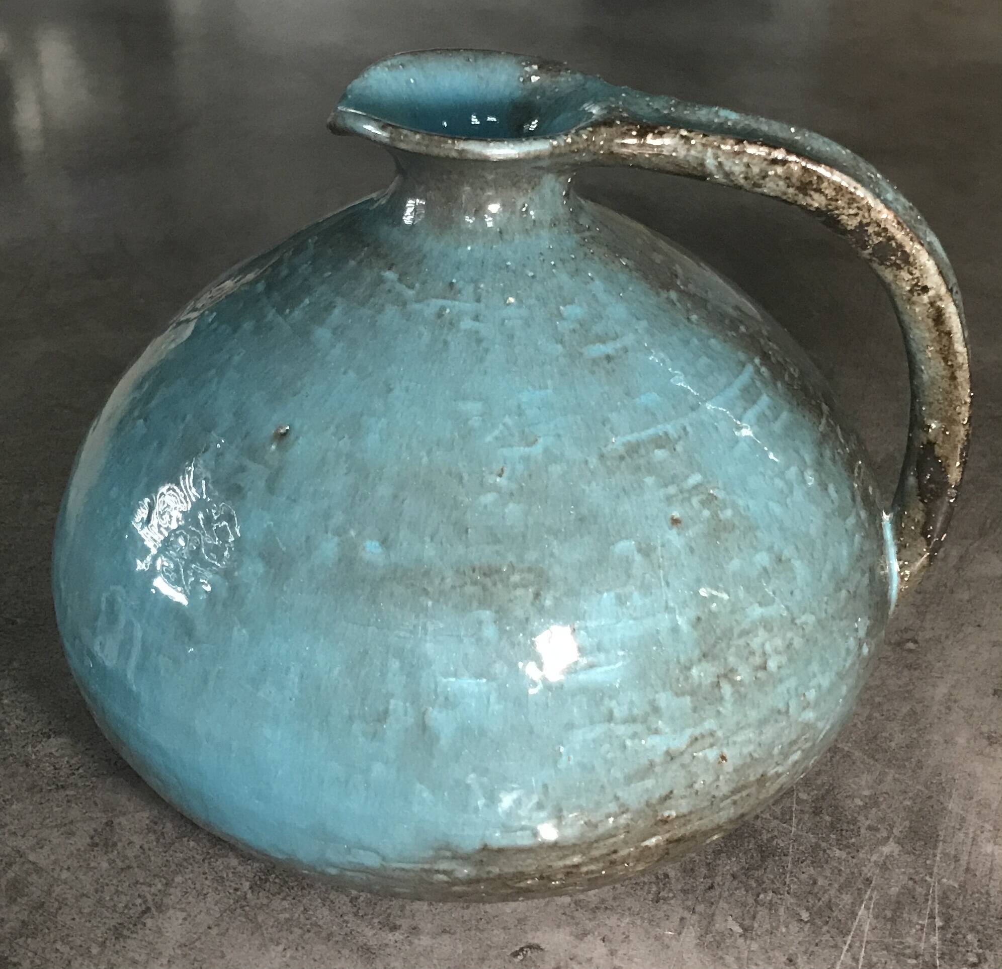 Ball-shaped vase in blue enamelled stoneware by Gérard HOFFMANN