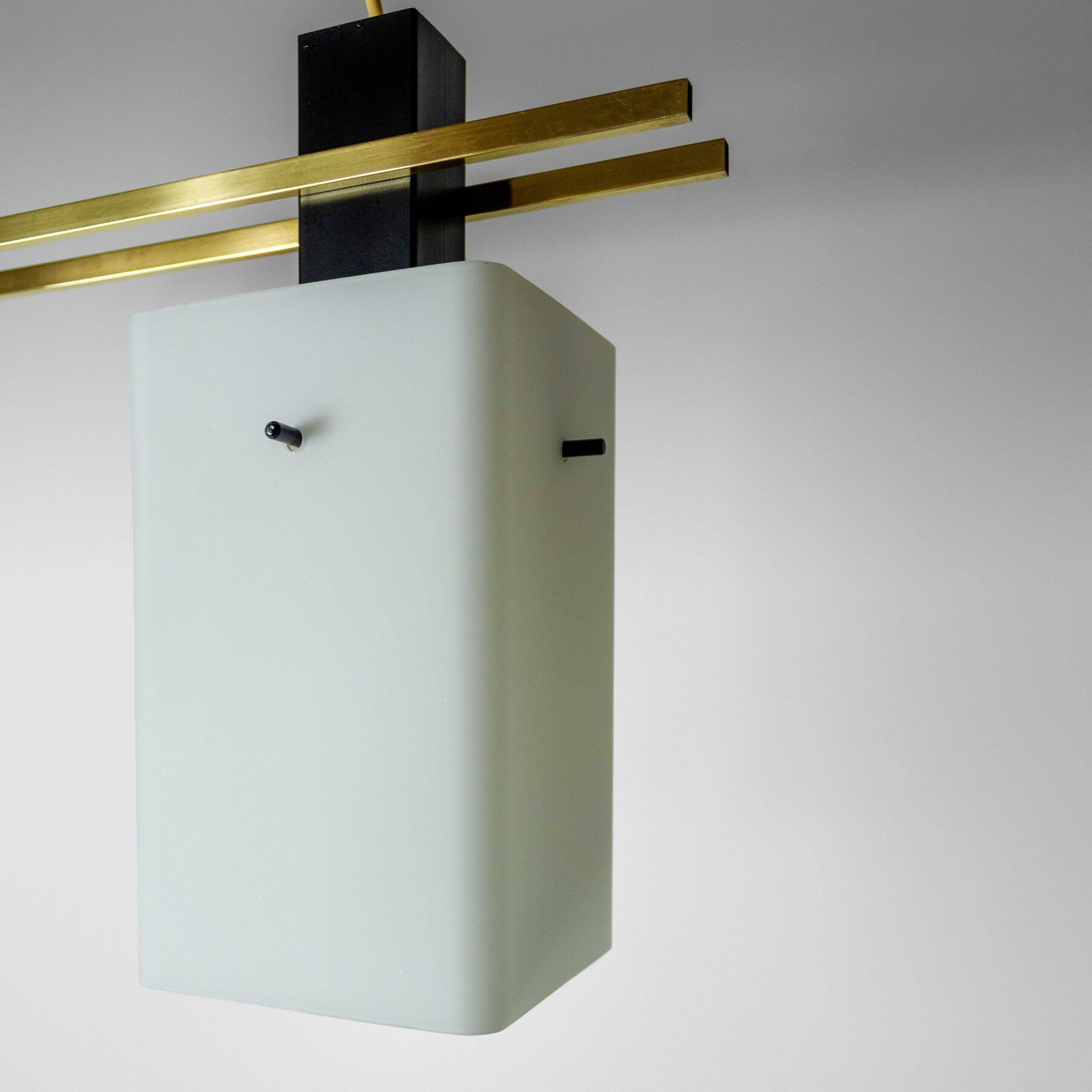 1960s Italian Stilnovo ceiling pendant with opaline glass shades and brass details