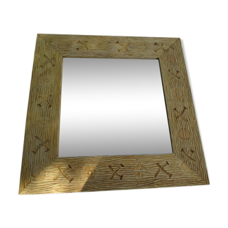 Square mirror frame carved natural wood