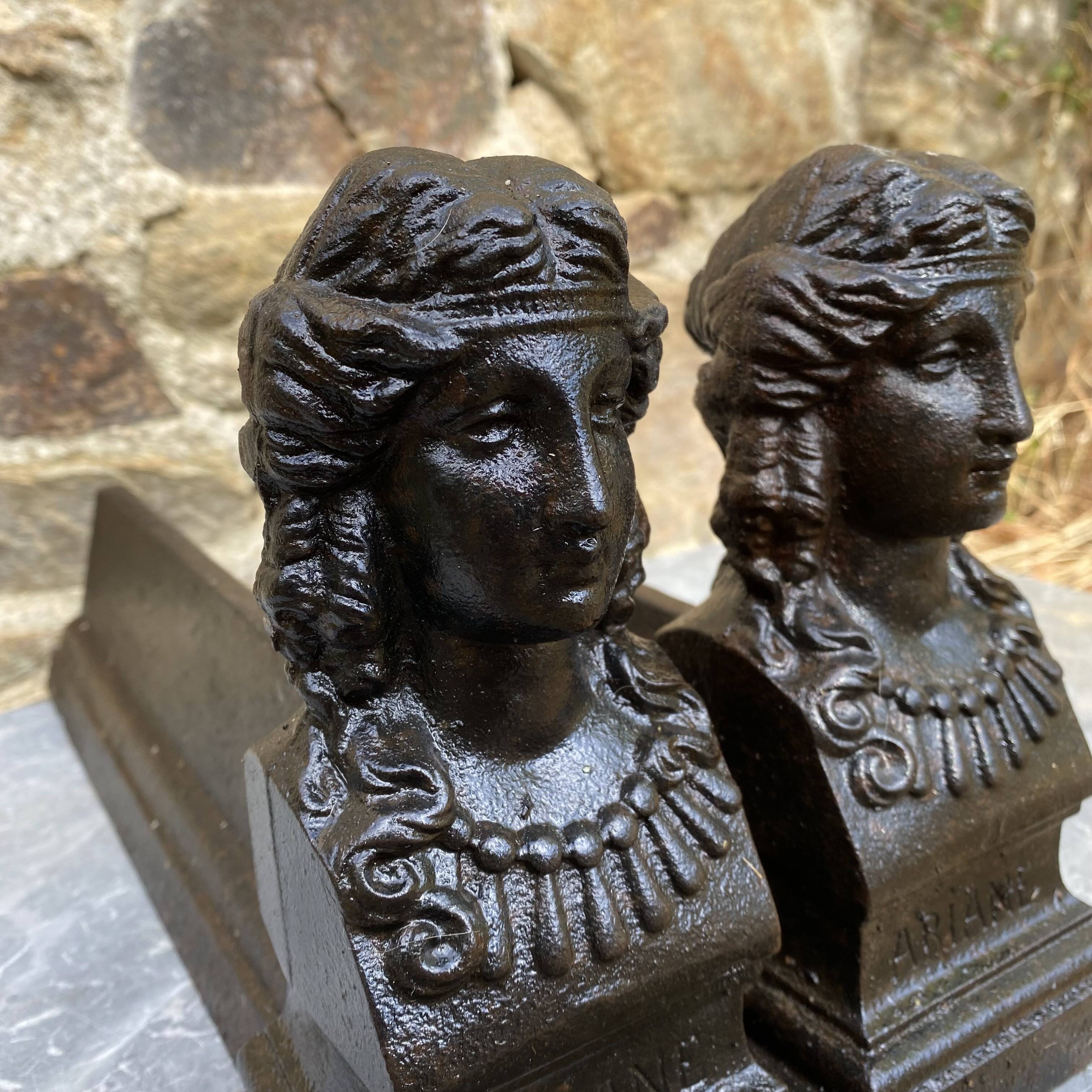 Pair of antique cast iron fire dogs "Ariadne"