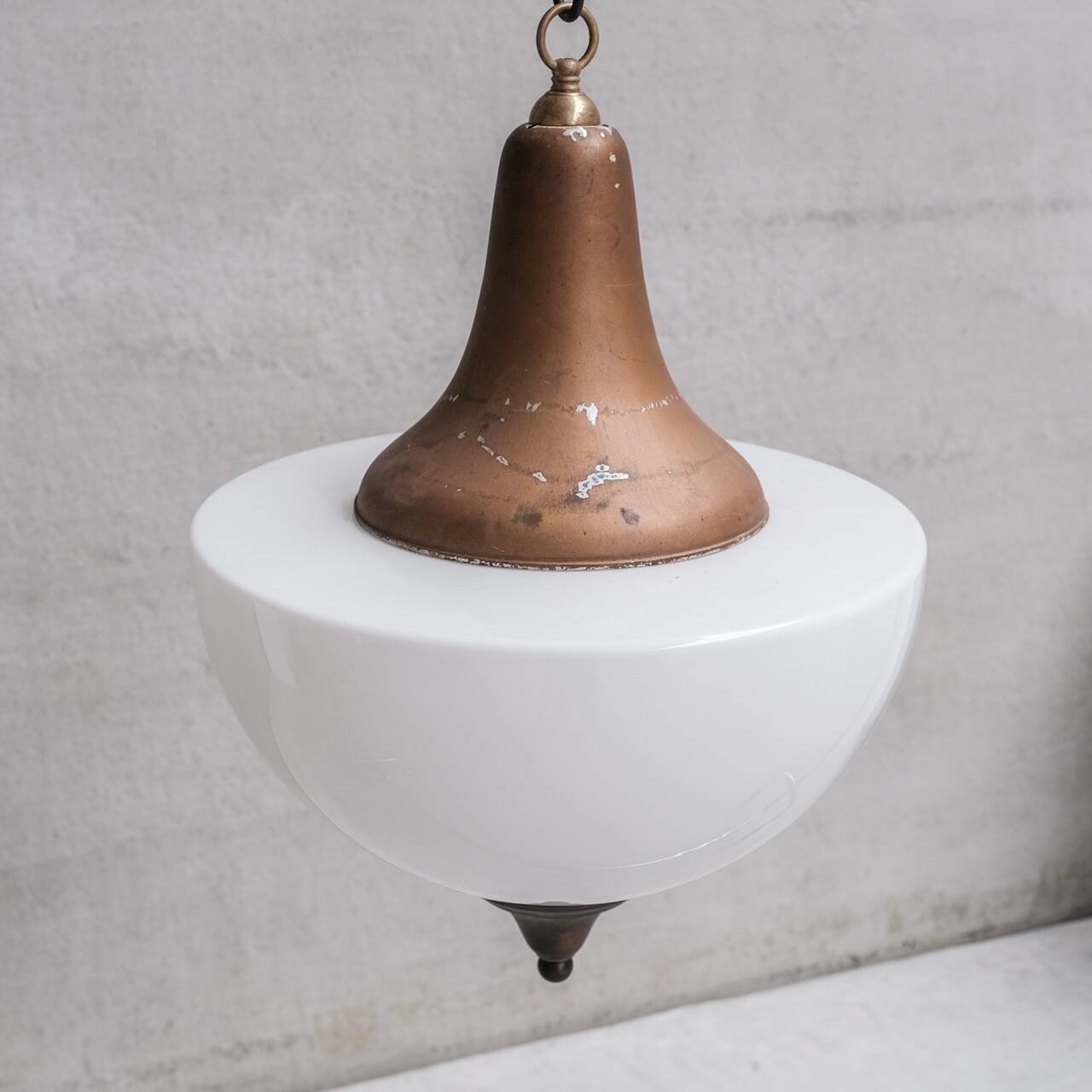 Large mid-century metal and opaline glass french pendant light