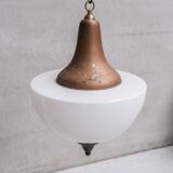 Large mid-century metal and opaline glass french pendant light