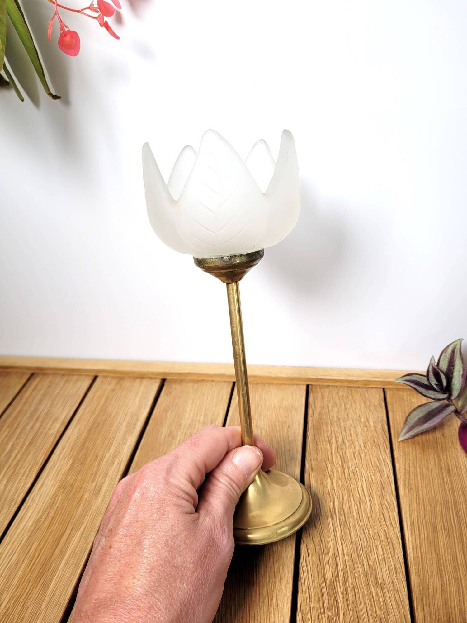 Tulip candle holder in brass and frosted glass