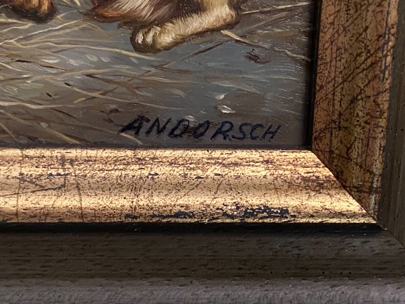 Painting signed Andorsch oil on panel with dogs and horse