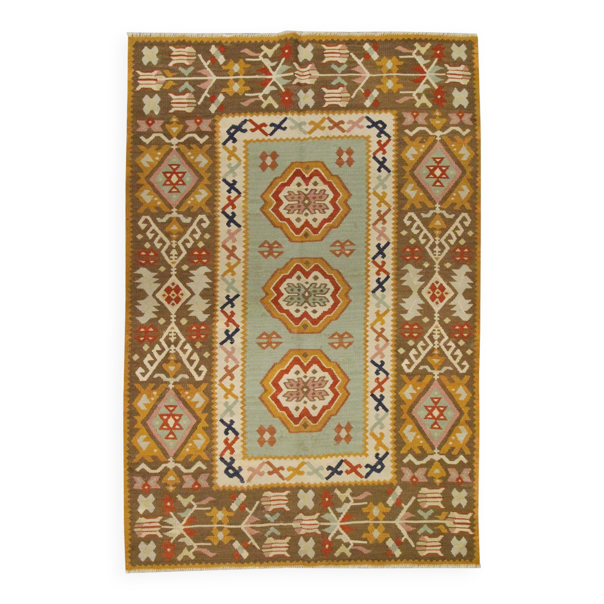Antique Anatolian Kilim Rug, Turquoise Blue & Mustard Flatweave 141x93 cm