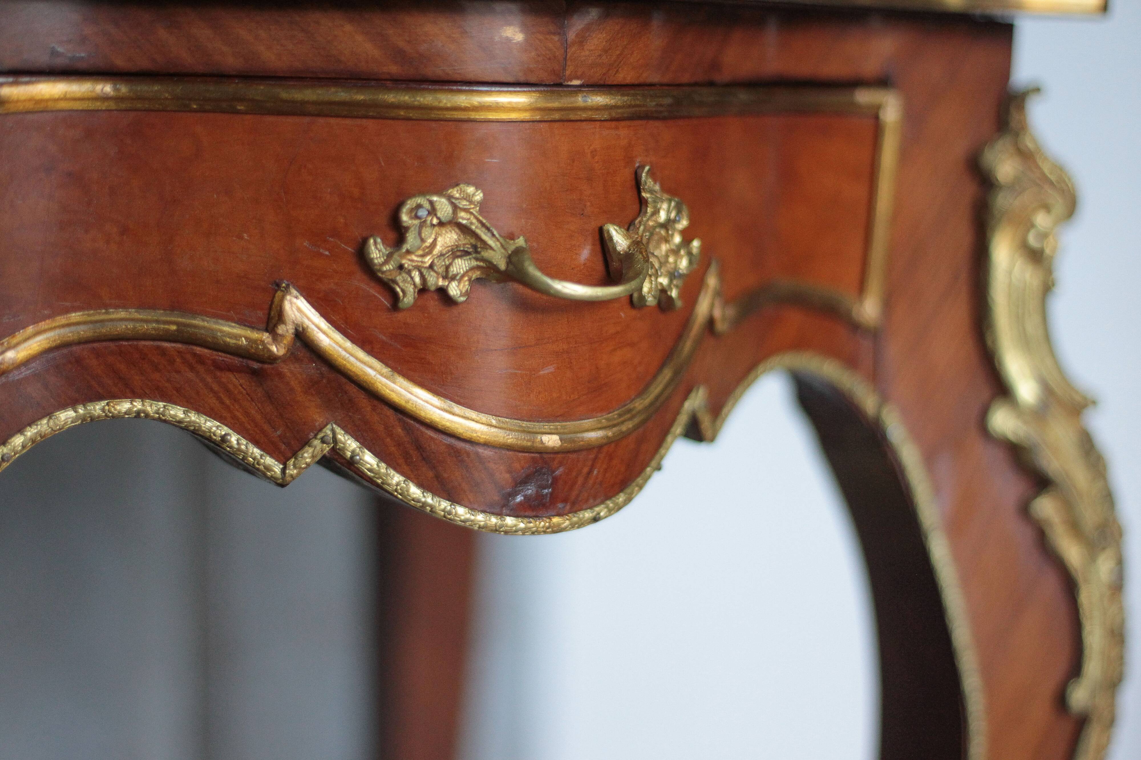 Wooden bedside table with marquetry and bronze, side table with curved legs