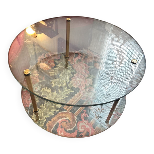 Petite table basse vintage ronde en verre et métal doré – années 70 élégante et chic