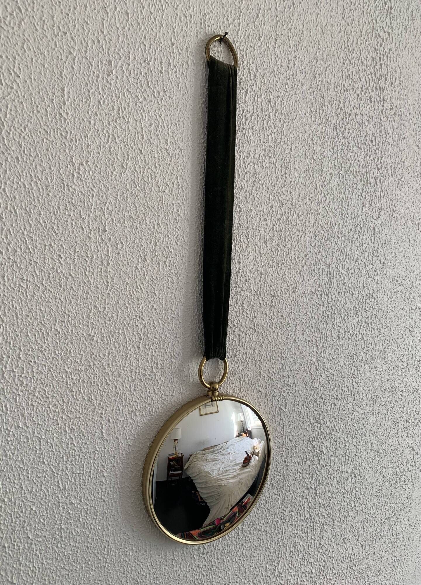 Vintage 1960 witch's eye mirror with green ribbon - 20 x 67 cm