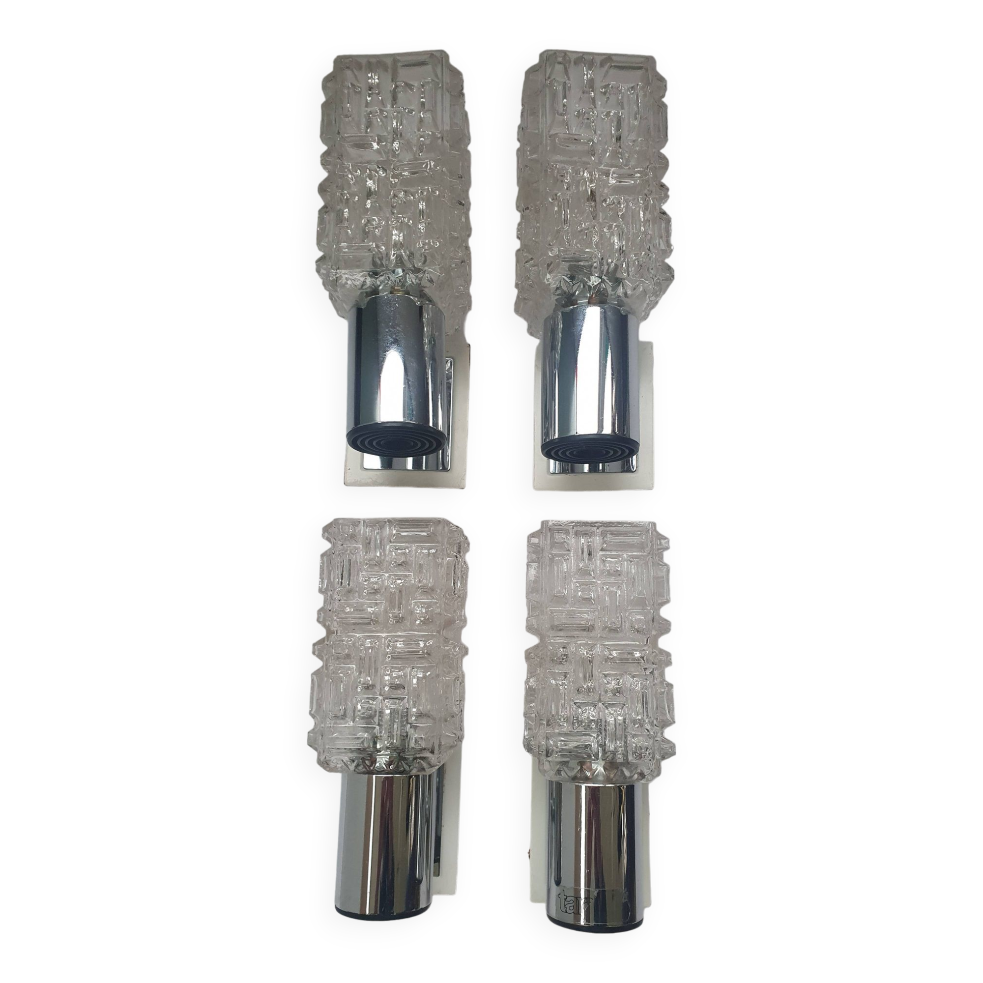 Four vintage chrome wall lights with square globes, Italian Targetti, 1970s