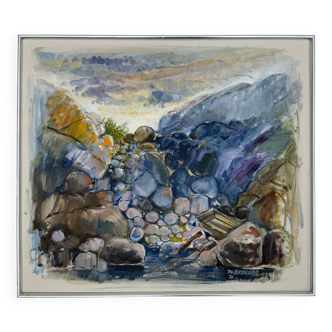 Grand paysage abstrait, peinture à l'huile signée Per Olof Netterblad, 1976
