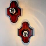 Pair of geometric Art Deco wall lights, carved wood, France, 1960s