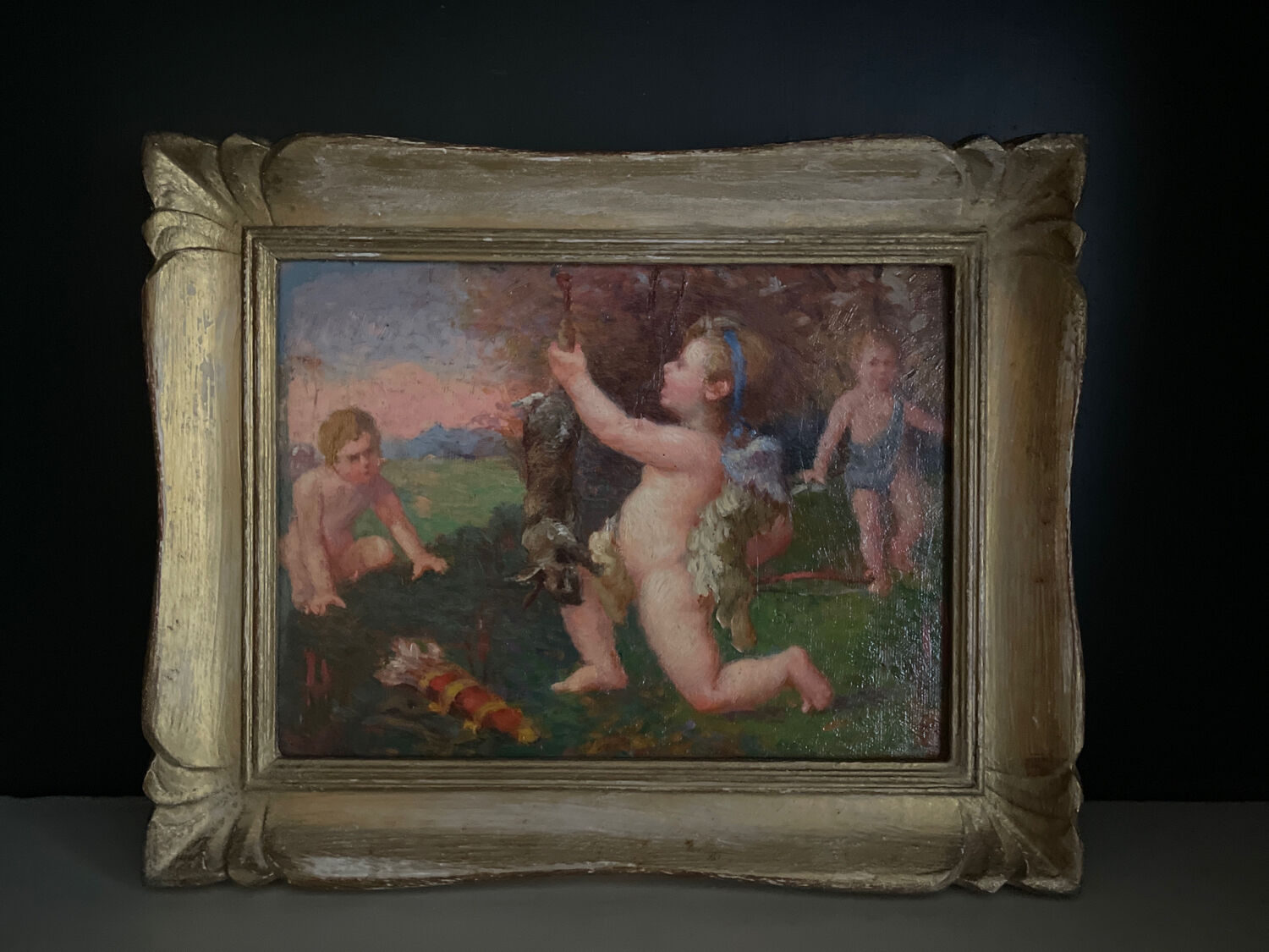 Old painting nineteenth oil on panel "Putti"