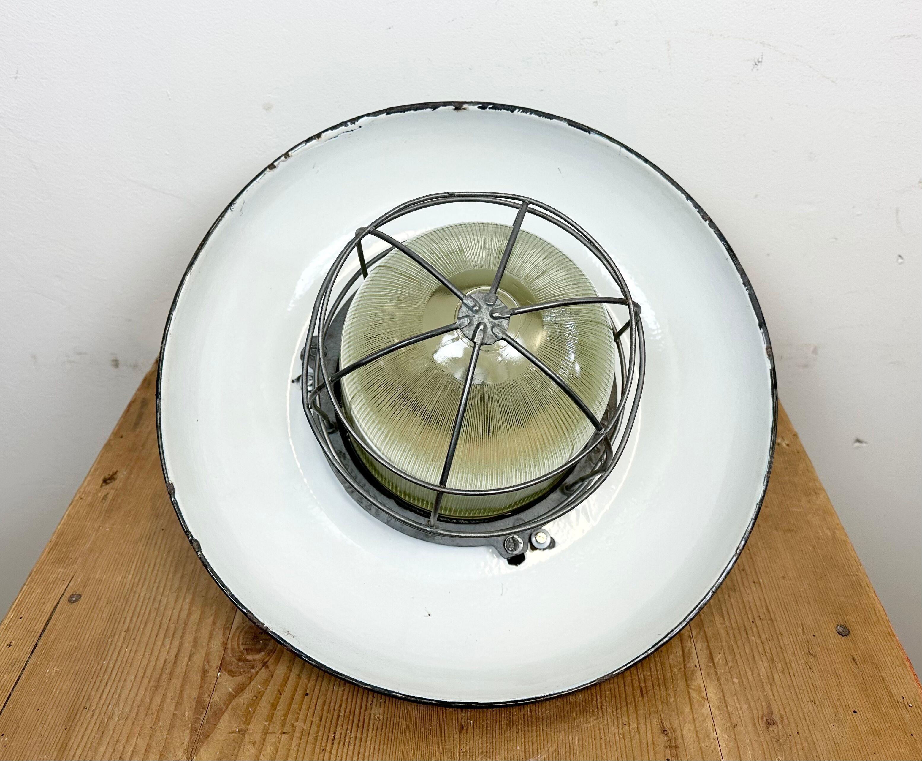 Industrial Green Enamel Factory Cage Pendant Lamp in Cast Iron from Zaos, 1960s
